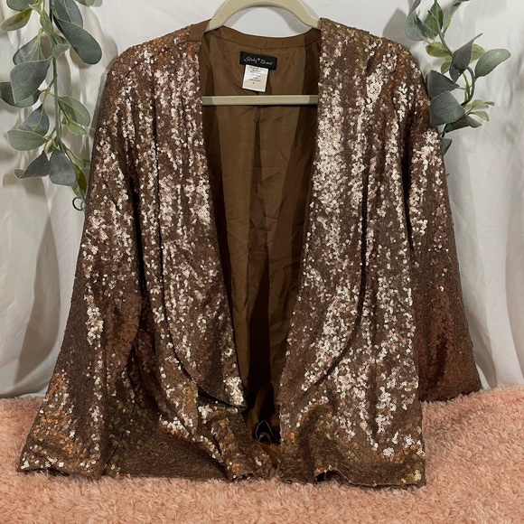 Slinky Brand Jackets & Blazers - Slinky Brand sequin blazer shawl collar open front gold sparkle bling sz small